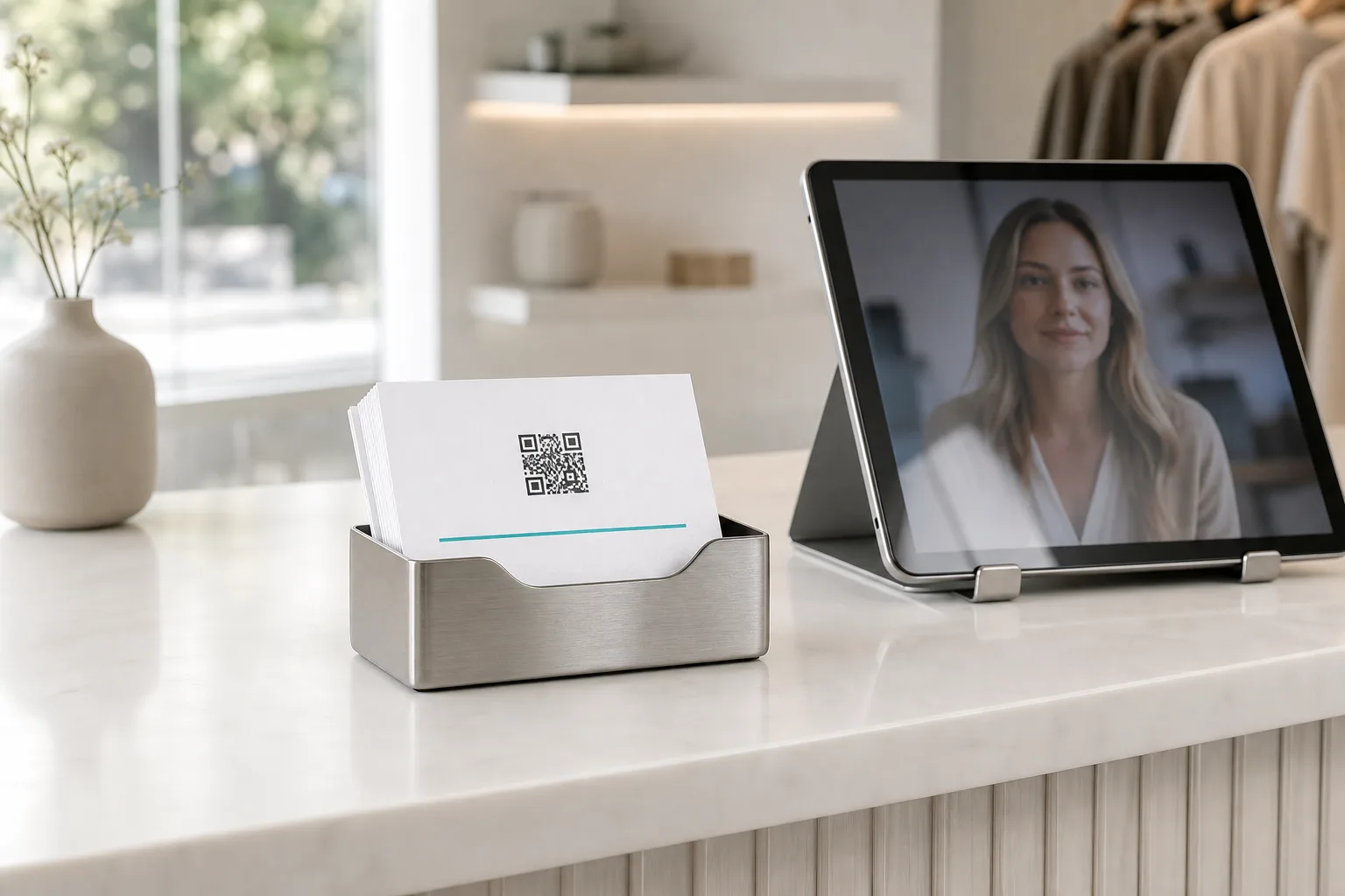 A brushed-steel holder stacked with Cognitive Cards on a white boutique counter, a tablet beside it showing an avatar ready to talk