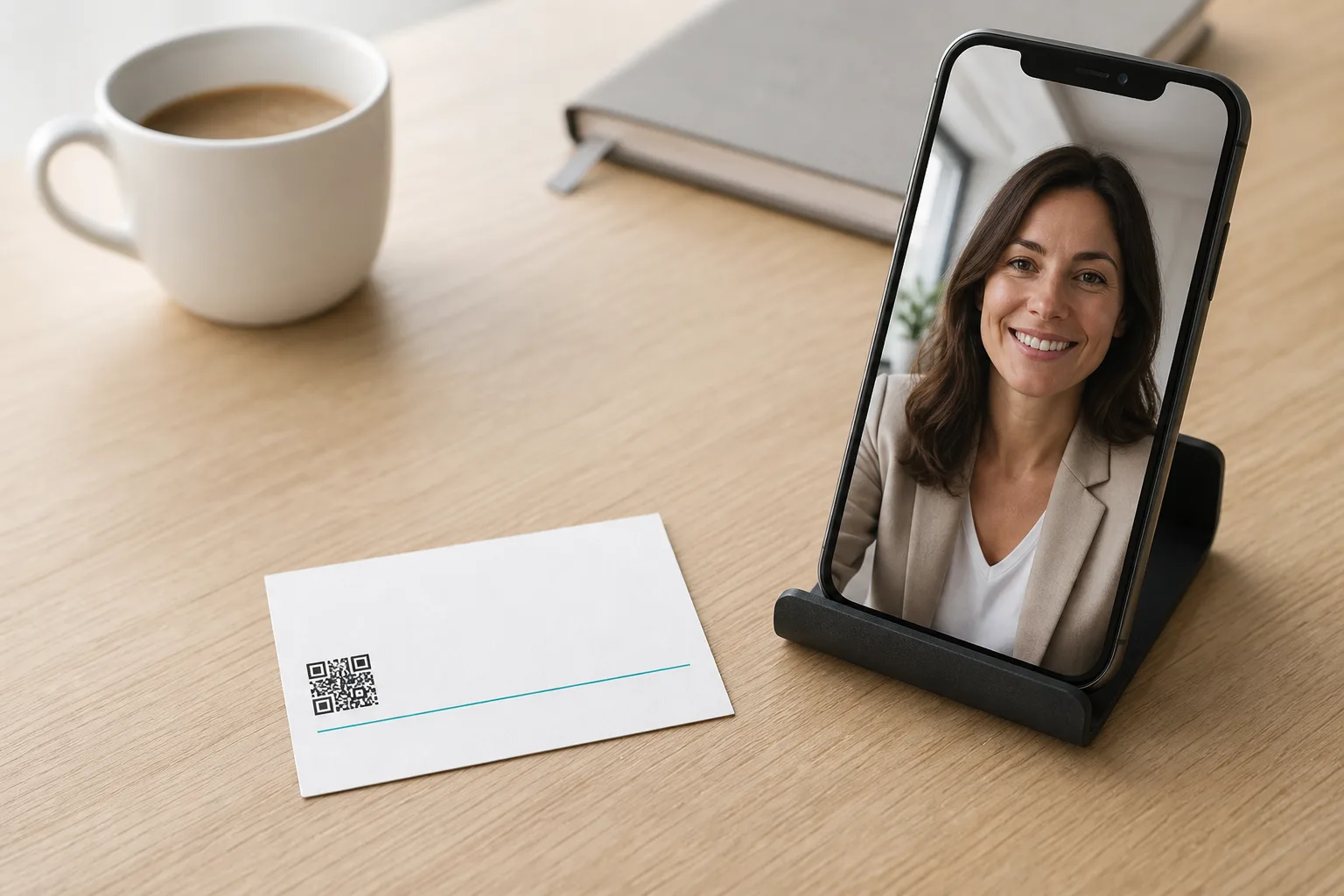 A printed Cognitive Card with its QR code on a wooden desk, beside a phone on a stand showing a woman on a live video call, a coffee mug and a notebook