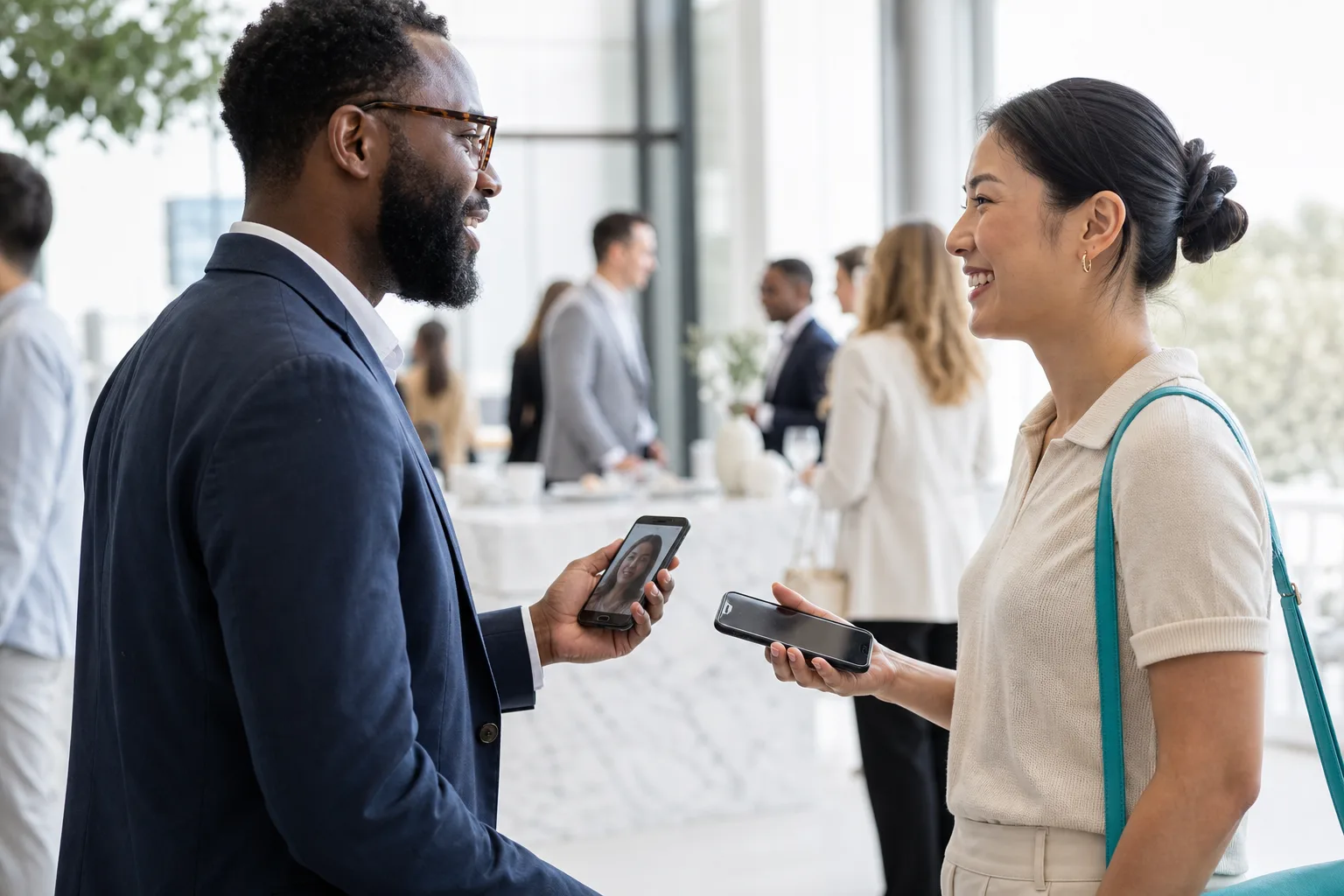 Two people at a bright networking event trading details phone to phone; one screen shows an avatar's face
