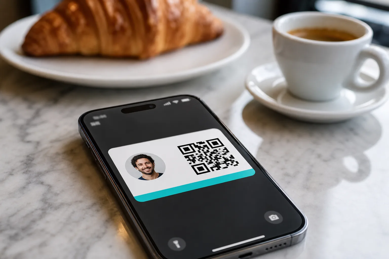 A phone lying face-up on a marble cafe table beside an espresso and a croissant; its lock screen shows a Cognitive Cards wallet pass — a round portrait, a QR code and a teal stripe